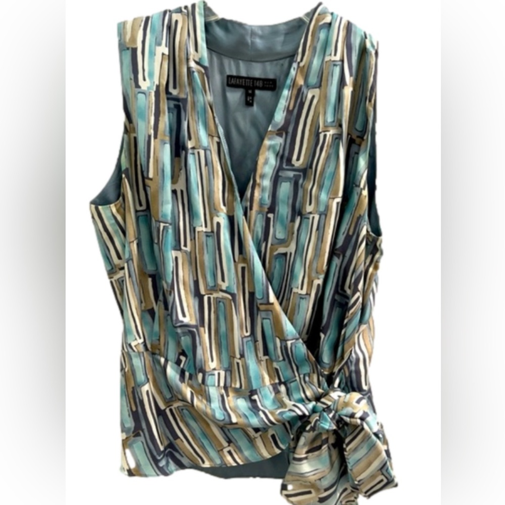 Lafayette 148 New York Sleeveless Wrap Blouse in Teal, Beige, Navy